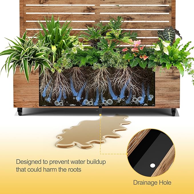 Raised Garden Bed with Trellis and Wheels,73"x47"x16" Metal Raised Garden Bed,Brown Wood Finish Metal Planter with Climbing Trellis for Vines & Vegetables