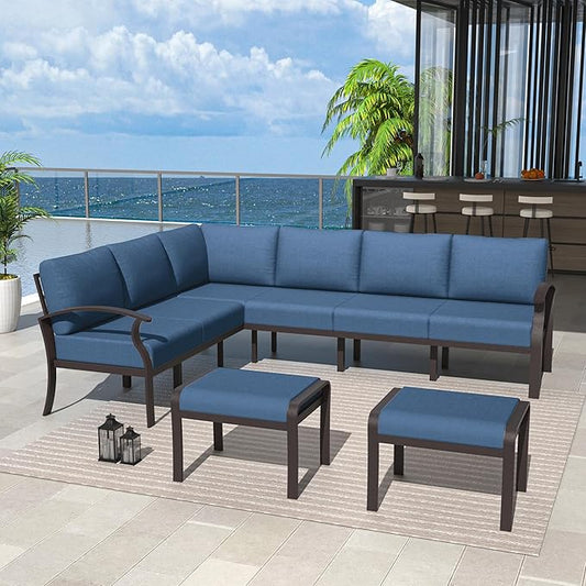 Kurapika Patio Furniture Set 8-Piece Aluminum Sectional Sofa with Armrest, Modern Outdoor Conversation Set, Metal Corner Sofa with Ottoman, Navy Blue