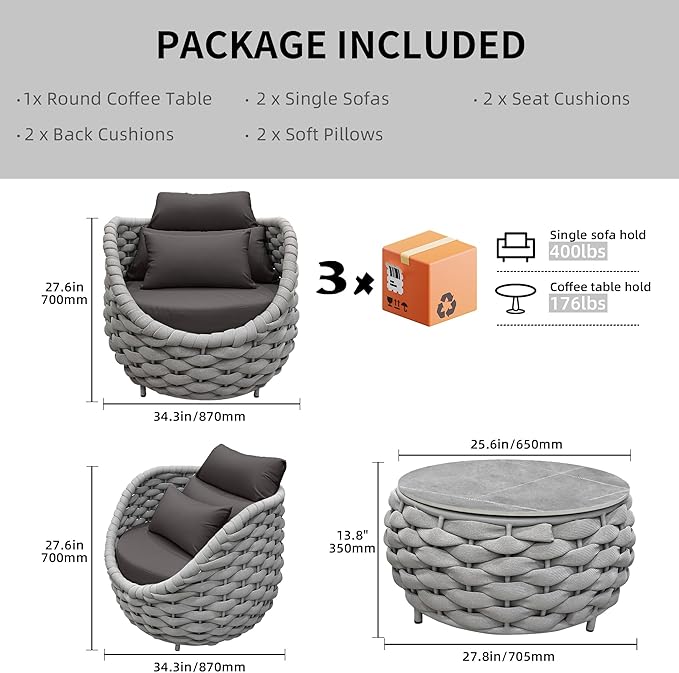 TWT 3 Pieces Aluminum Patio Furniture Set, Modern Outdoor Patio Furniture with Coffee Table, No Assembly Required Outdoor Conversation Set with Dark Grey Cushions for Balcony, Porch, Lawn