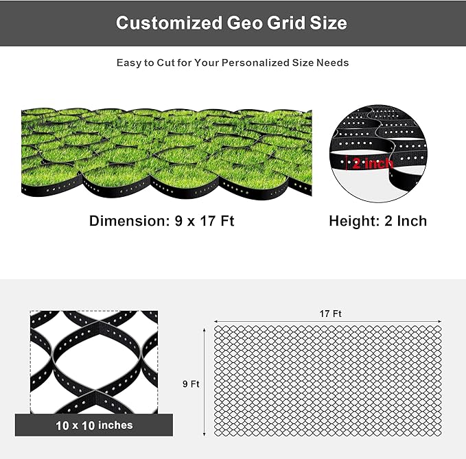 Gravel Grid 2" Thick Geo Ground Grid for Gravel- 9x17FT Geocell with 1885 LBS Per Sq Strength, Geogrid Driveway Stabilization System for Garden Landscaping Shed Base Slope Grass and Pathways