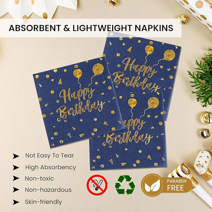 75PCS Happy Birthday Paper Plates - 7 Inch Dark Blue Gold Dot Paper Plates and 6.5 Inch Napkins with 6.3 Inch Forks Disposable Tableware Set for Birthday Party Decorations, Serves 25