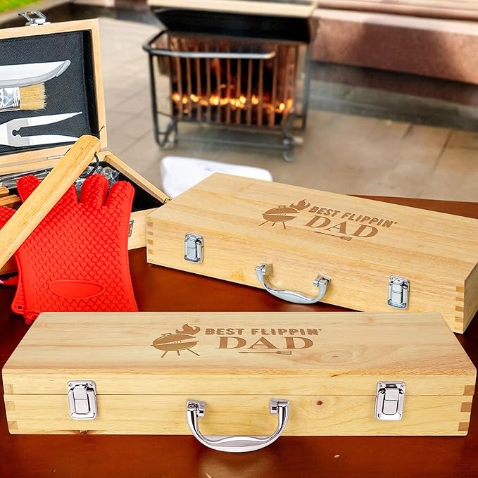 11-Piece BBQ Grilling Set with Engraved Maple Wood Box, Stainless Steel Tools with Wooden Handles, Ideal Gift for Dad on Birthday, Father’s Day - Best Flipping Dad