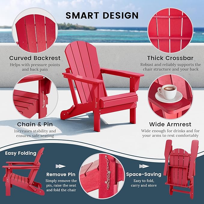 Westin Outdoors Laguna WO Home Furniture Adirondack Chair 4 PC Set Classic Outdoor Patio Folding Chair for Bon Fire Pit Lawn Backyard Beach Plastic Weather-Resistant (Red)