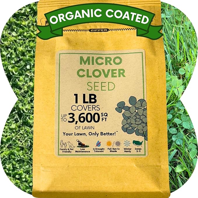 Flawn Seed Kits 1 Lb Micro Clover Seed, Organic Coated, Eco-Friendly, Low Growing, Low Maintenance, Lawn Alternative, Kraft Zipper Pouch, Covers up to 3,600 Sqft