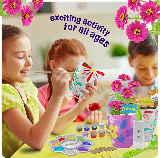 Dan&Darci Paint & Plant Stoneware Flower Gardening Kit - Gifts for Girls & Boys Ages 6-12 - Kids Arts & Crafts Project Birthday Gift, STEM Activity for Age 6, 7, 8, 9, 10, 11 & 12 Year Old Girl (2)