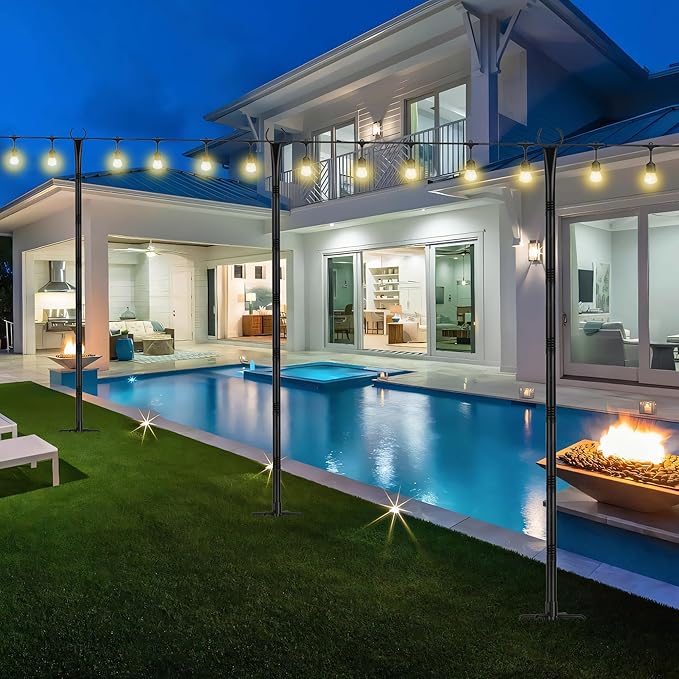 Suchtale 8.5FT Poles for String Lights with Forks, 4 Pack Metal Stands with Hooks & 5-Prong Base for Garden, Patio, Fence, Deck, Backyard, Wedding, Black, Built for Tough Environments