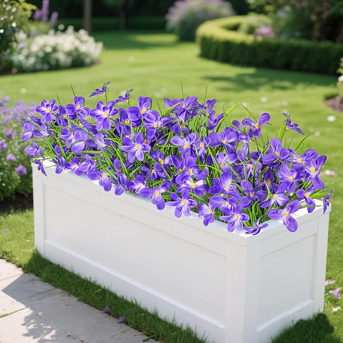 Ouddy Decor 12 Bundles Artificial Flowers for Outdoors Decoration, Fake Freesia Silk Flowers UV Resistant Artificial Plants for Summer Indoor Outside Garden Wedding Farmhouse Porch Home Decor, Purple