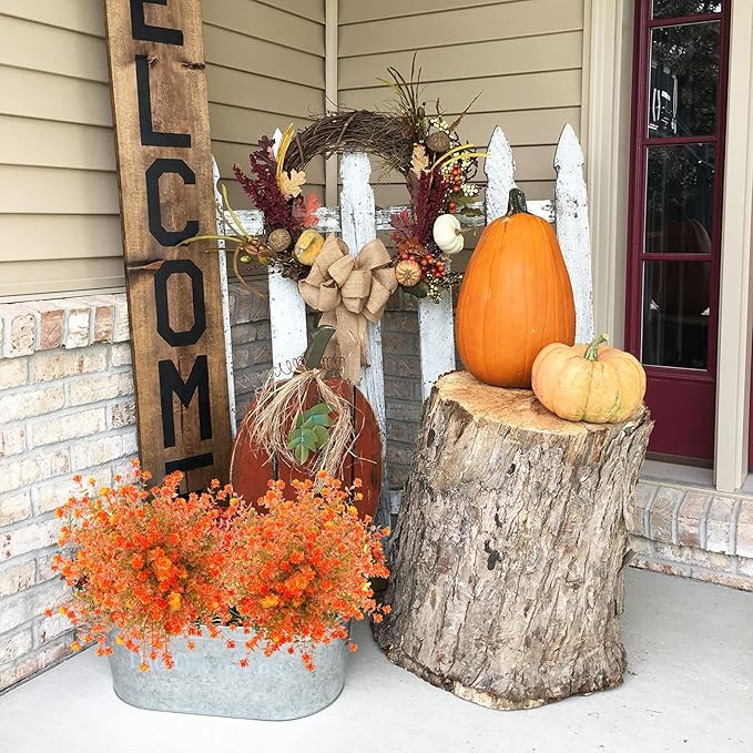 Uieke 6 Bundles Artificial Fall Flowers UV Resistant No Fade Fake Outdoor Plants Faux Plastic Plant Greenery for Outside Garden Porch Sidewalk Trim Window Box Décor Autumn Orange