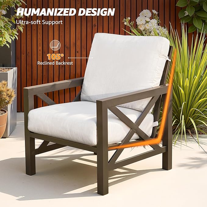 NATURAL EXPRESSIONS 4 Pieces Patio Furniture Sets,Outdoor Sectional Metal Furniture Conversation Set with Loveseat Chair,2 Single Chairs 1 Metal Table,6.5" Beige Cushions for Yard,Garden