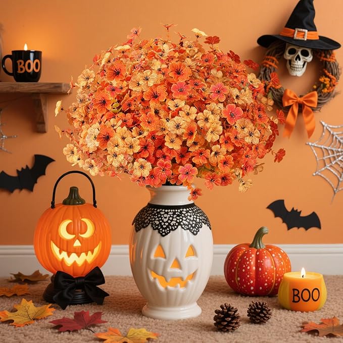AmyHomie 16 Bundles Fall Orange Yellow Artificial Flowers for Outdoor Fall Decor UV Resistant Faux Flowers No Fade Fake Plastic Plants Garden Porch Window Box Decorating