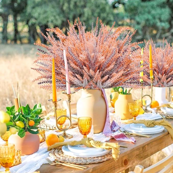 30 Bundles Artificial Fall Flowers Outdoors Fake Fall Lavender Flowers UV Resistant Plastic Faux Fall Plants for Indoor Home Porch Autumn Thanksgiving Fall Decorations (Brown)