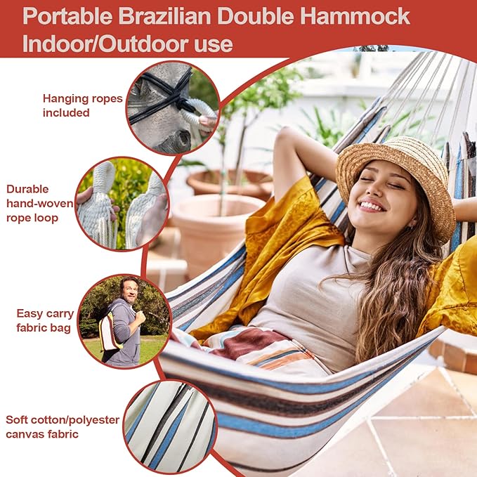 JoyView Brazilian Hammock for Single Person - Portable Cotton Hammock with Hanging Ropes & Carry Bag - 78.8x39.4' - 300LBS Capacity - Perfect for Outdoor/Indoor - Grey Stripe