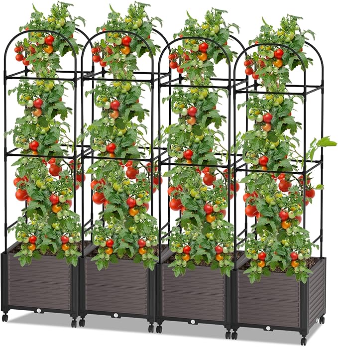 Raised Garden Bed Planter Box with Trellis, 61'' Tomato Planters for Climbing Plants Vegetable Vine Flowers Outdoor Patio Tomato Cage, Self Watering Planter with Wheels