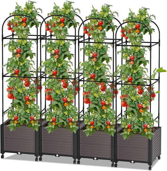 Raised Garden Bed Planter Box with Trellis, 61'' Tomato Planters for Climbing Plants Vegetable Vine Flowers Outdoor Patio Tomato Cage, Self Watering Planter with Wheels