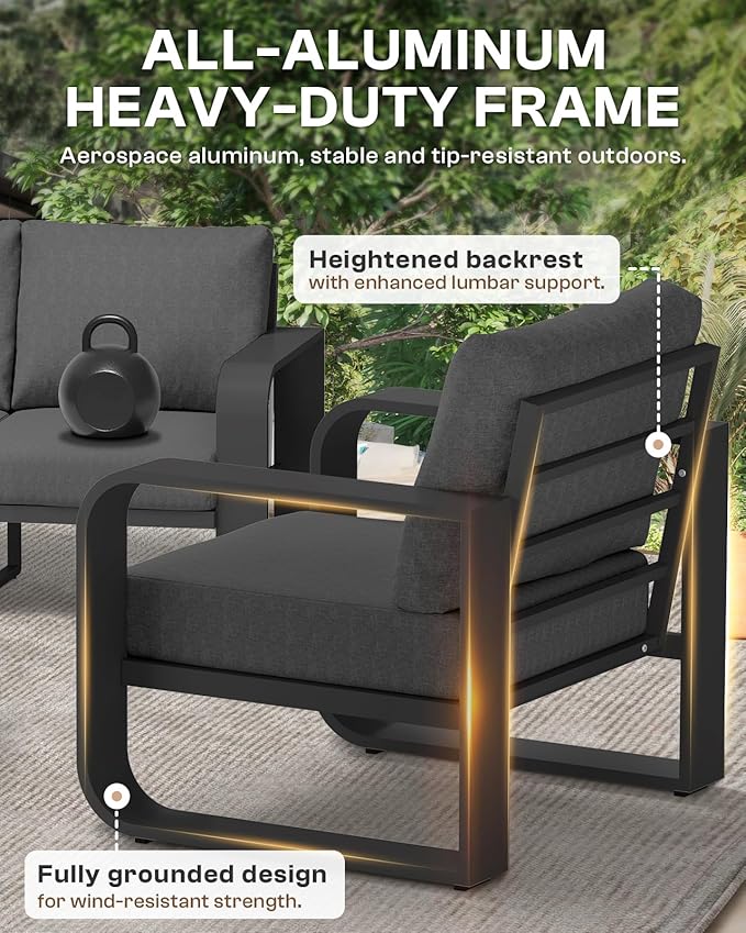 Aluminum Outdoor Patio Furniture Set 4 Piece, Oversized Patio Conversation Sets Widened Armrest & Ultra-Thick Cushions, Deep Seating Modern Sectional Furniture for Backyard, Porch, Graphite