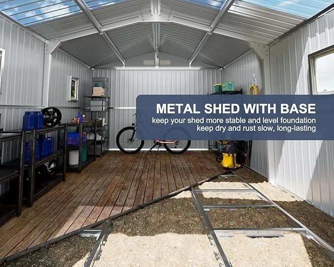 12x10 FT Metal Sheds & Outdoor Storage with Floor: Heavy Duty Garden Sheds with Dual Transparent Roof Panels, DIY-installable Windows & Lockable Doors, Tool Shed w/Base for Backyard, Patio, Grey