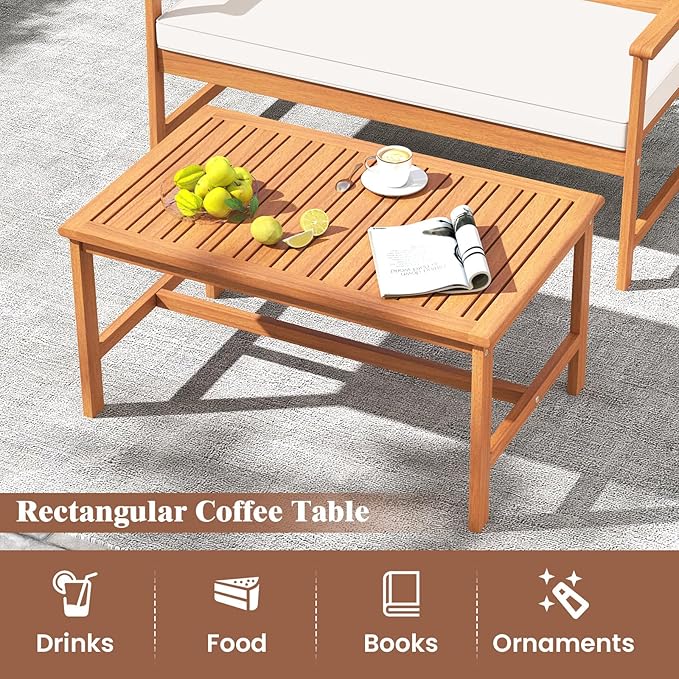 Tangkula 4-Piece Acacia Wood Patio Conversation Set, Outdoor Furniture Set with 2 Armchairs, Loveseat, Coffee Table, Soft Cushions, Slatted Sofa and Chairs Set for Deck, Backyard (Off White,2)