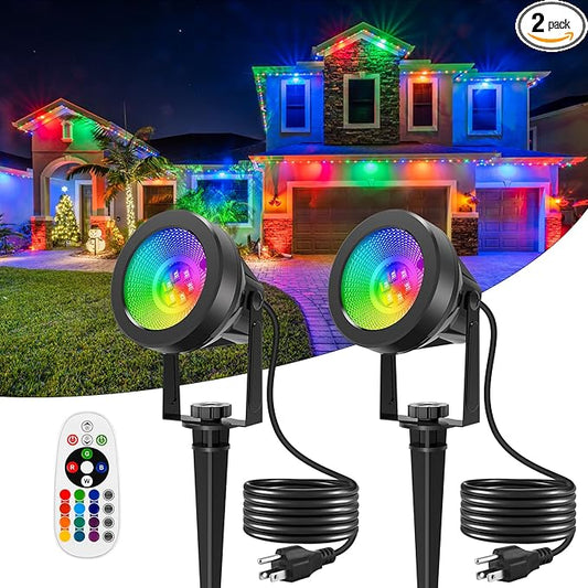 Halloween RGB Spot Lights Outdoor, LED Color Changing Landscape Lighting, Waterproof Spotlight with US Plug for Yard Garden Tree Path House Christmas Decoration (2 Pack)