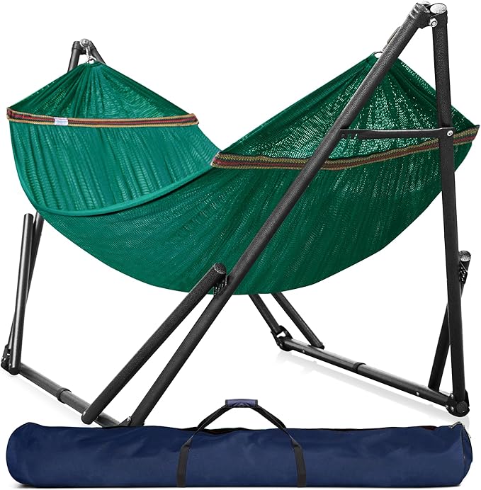 Tranquillo Double Hammock with Stand Included for 2 Persons/Foldable Hammock Stand 600 lbs Capacity Portable Case - Inhouse, Outdoor, Camping, Peacock