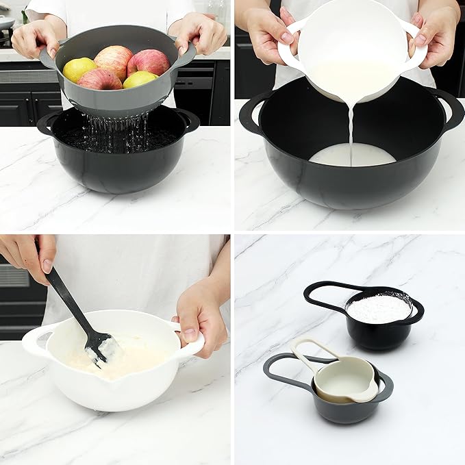 COOK WITH COLOR Nesting Bowls with Measuring Cups Colander and Sifter Set - Includes Mixing Bowls, Colander, Sifter and Measuring Cups, Black, 8 Pc Bowl