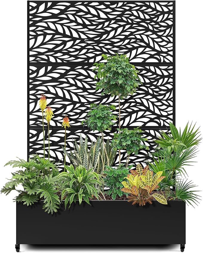 15.7"×70.9"×47.2" Metal Raised Garden Bed with Trellis and Wheels - Tall Trellis Planter Box for Climbing Plants, Vegetables & Vines - Outdoor Privacy Planters for Patio (Black-Spring)