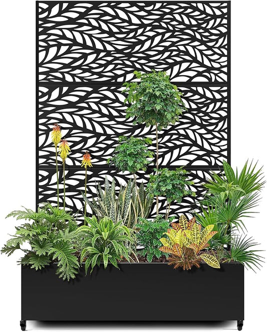 15.7"×70.9"×47.2" Metal Raised Garden Bed with Trellis and Wheels - Tall Trellis Planter Box for Climbing Plants, Vegetables & Vines - Outdoor Privacy Planters for Patio (Black-Spring)