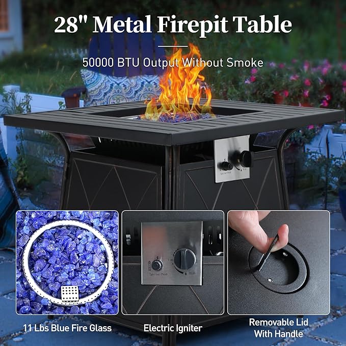 5 Piece Metal Outdoor Patio Furniture Set with Fire Pit Table, Patio Conversation Sets 4 Fixed Chairs with 5.75" Thick Cushion and 5000 BTU Fire Pit Table, Backyard Furniture, Blue