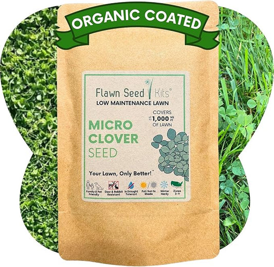Flawn Seed Kits Micro Clover Seed, Organic Coated, Eco-Friendly, Low Growing, Low Maintenance, Lawn Alternative, Kraft Pouch, 4.4 oz Covers up to 1000 Sqft