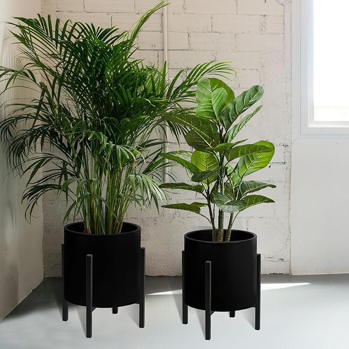 ARNIS Modern Plant Pots, Set of 2 Large Planters with Stand, Decorative Planters, Metal Pots with Drainage Holes for Living Room, Office, Garden or Balcony, 8.25 &10.5 Inch, Blcak