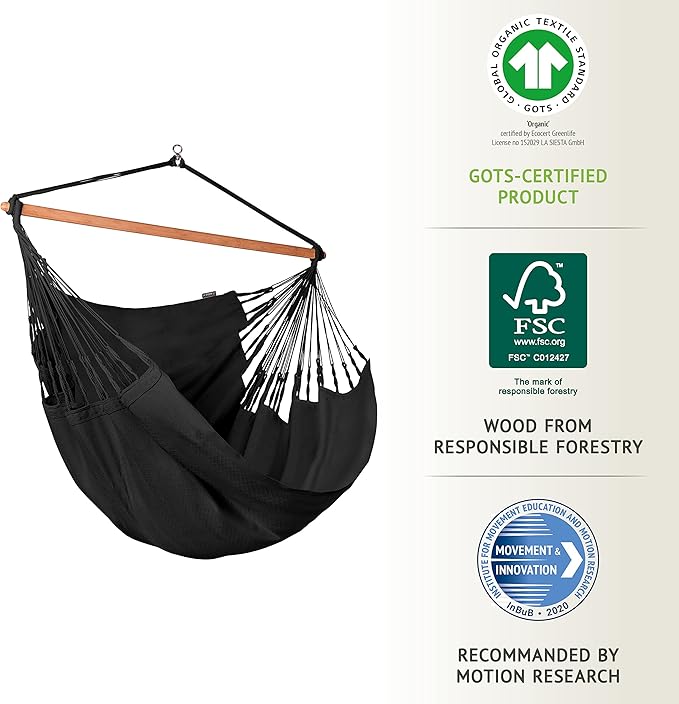 LA SIESTA Habana Hammock Chair, Indoor or Outdoor, Ideal for Sitting or Lying Down, Cotton Hammock, Patio, Swinging Chair, Boho, Max 355 Lbs, King, Onyx