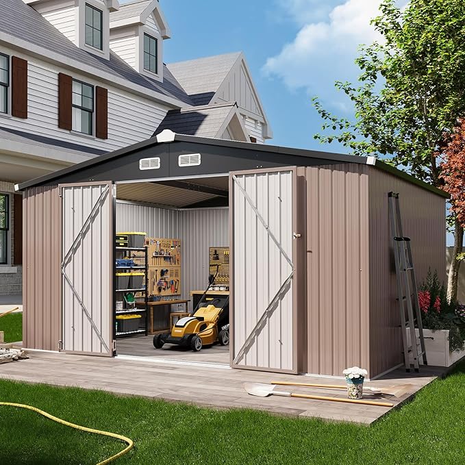 Aoxun 12x10 FT Shed Outdoor Storage Shed with Spacious Doors, Large Shed Steel Utility Tool Shed Storage House with Door & Lock, Metal Sheds with Sloped Roof for Garden Patio Lawn Poolside, Brown
