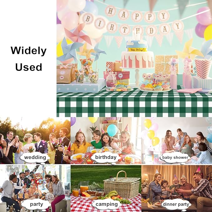 6 Pack Dark Green and White Checkered Tablecloth, Plastic Table Cloths for Parties Disposable, 54x108 in Waterproof Rectangular Gingham Camping Tablecloth for Birthday, Party, Baby Shower