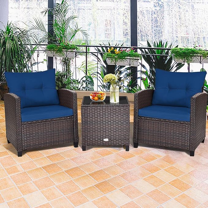 HAPPYGRILL 3 Pieces Patio Conversation Set, Outdoor Furniture Set PE Rattan Sofa Set with Removable Cushions, PE Wicker Chairs with Tempered Glass Side Table for Porch Lawn Garden Balcony Backyard