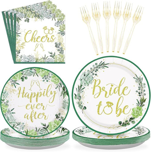96Pcs Bridal Shower Party Supplies Sage Green Bride to Be Plates and Napkins Eucalyptus Leaves Tableware Sets Wedding Party Decorations for Engagement Bachelorette Miss to Mrs Party,Serves 24