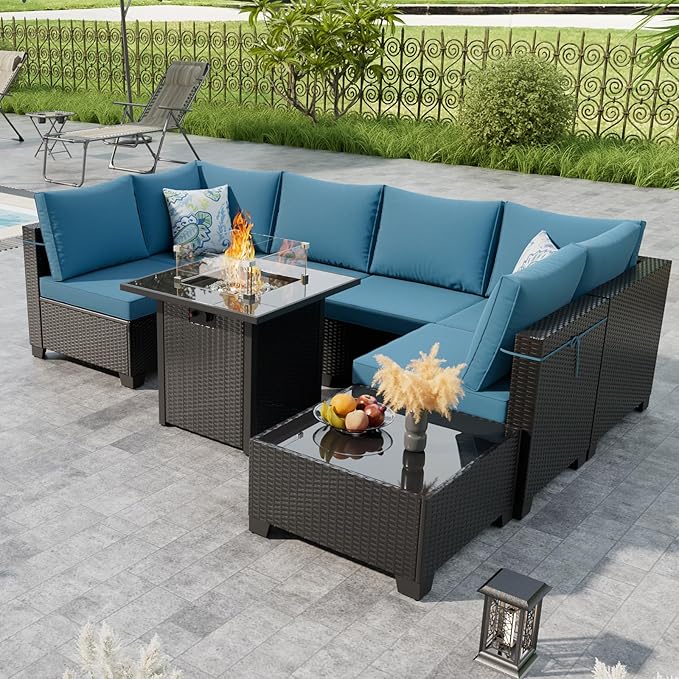 Patio Furniture Set with Fire Pit Table 28", 8-Piece Outdoor Furniture Set with Thick Cushions, Outside Wicker Sectional Sofa for Porch Garden Backyard, Coffee/Peacock Blue