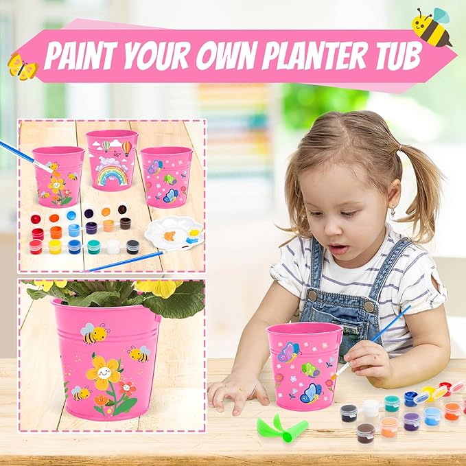 deAO Kids Gardening Set Arts and Crafts for Kids Paint Garden Tools DIY Flower Building Toys with Shovel, Trowel, Rake, Water Can,Gloves,Tote Bag,Apron,Painting Accessories,Outdoor Gift for Boys Girls