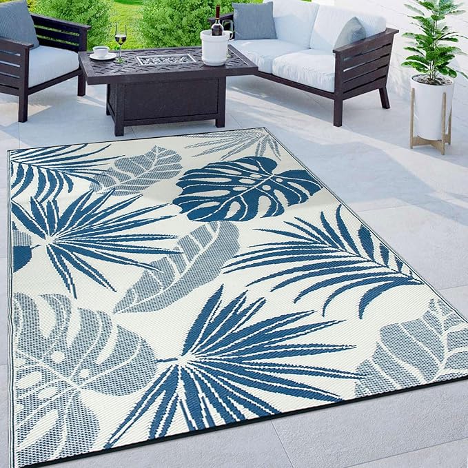 Rugshop Tropical Floral Leaf Reversible Crease-Free Waterproof Premium Recycled Plastic Outdoor Rugs for Patio,Backyard,RV,Deck,Picnic,Trailer,Beach,Camping,Sunroom Navy/Blue 7'10" x 10'