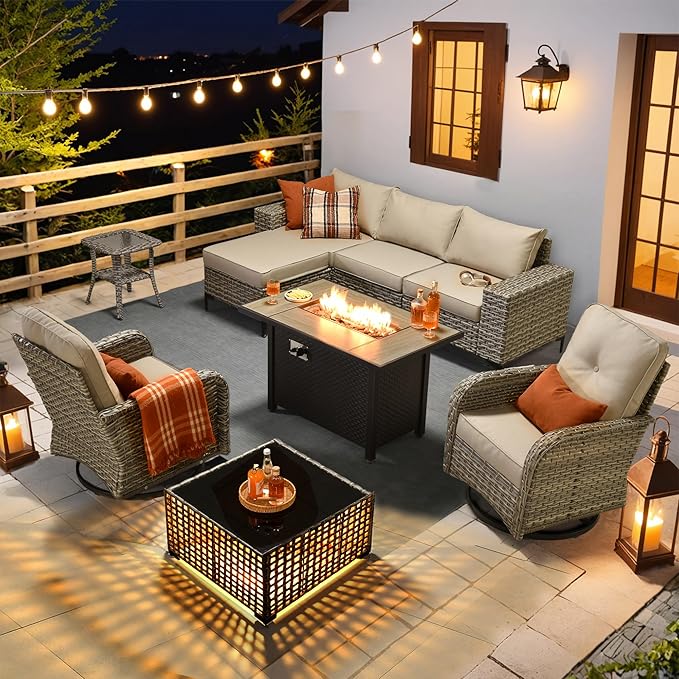 HOOOWOOO Outdoor Sectional Furniture Set with Fire Pit Table,9 Pieces Wicker Patio Conversation Sets,L Shape All Weather Outside Couch Sofa Set with Swivel Chairs Solar Light Table Ottoman,Beige