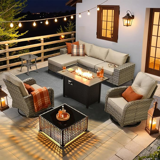 HOOOWOOO Outdoor Sectional Furniture Set with Fire Pit Table,9 Pieces Wicker Patio Conversation Sets,L Shape All Weather Outside Couch Sofa Set with Swivel Chairs Solar Light Table Ottoman,Beige