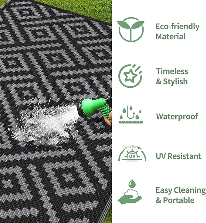 GENIMO Outdoor Rug 4x6 Waterproof, Reversible Mats, Outdoor Area Rug, Plastic Outside Carpet, Eeometric Rv Mat for Patio Camping Rv Picnic Backyard Deck Balcony Porch Beach (Black & Grey)