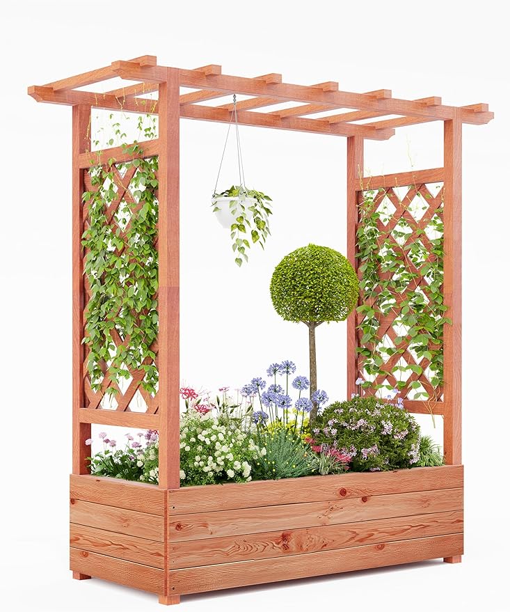 Outdoor Raised Garden Bed with Trellis & Roof - 45" H Planter Box with Side Supports, Canopy, and Drainage Holes – Perfect for Climbing Plants, Vines, and Blossoms
