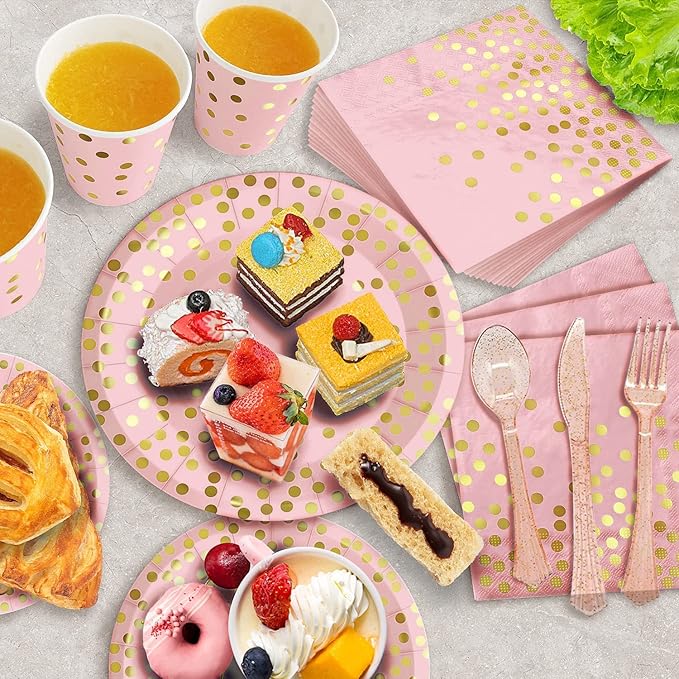 AIRE 350PCS Pink and Gold Party Supplies, Severs 50 Disposable Partyware, Gold Plastic Cutlery, Napkins, Plates for Baby Shower, Birthday, Wedding