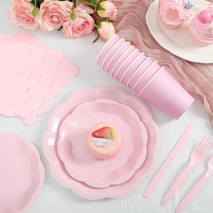 175 Pcs Light Pink Plates and Napkins Set, 25 Guest Pink Party Supplies Include Scalloped Plate Napkin Cup Forks Knives Disposable Plastic Cutlery for Wedding Baby Shower Birthday Party