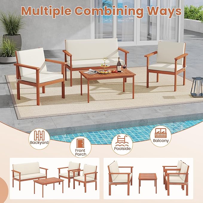 Tangkula Acacia Wood Patio Conversation Set, Outdoor Wooden Cushioned Chairs & Slatted Coffee Table Set,for Backyard, Porch, Balcony, Poolside and Lawn (Off White,2)