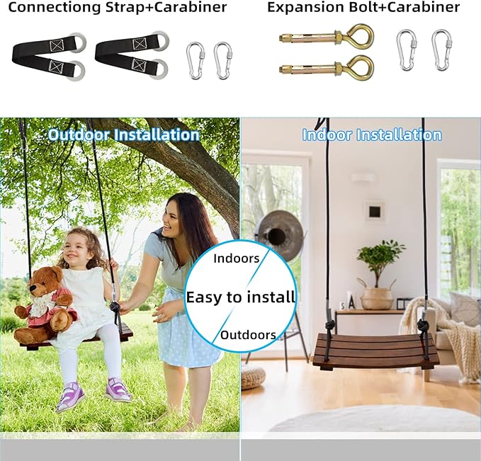 PELLOR Wood Swing Seat, Carbonized Hanging Wood Tree Swing 19.7 x9.8 x1.0 inch for Adult Kids Children Anticorrosive & 100% Waterproof Wooden Swing Set 550 lbs Load Indoor Outdoor Backyard Play