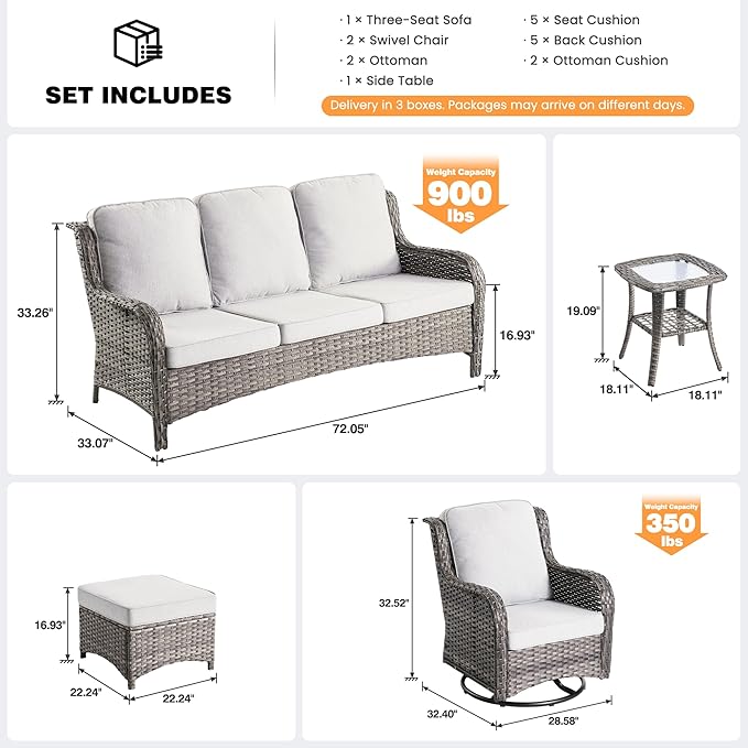 ovios 6 Pieces Patio Furniture Set, Outdoor Wicker Sofa Couch with Swivel Chairs Ottomans Comfy Cushions, All Weather High Back Modern Conversation Sets, Grey Rattan, Grey