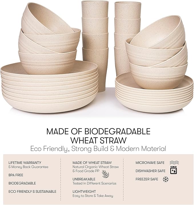 Wheat Straw Dinnerware Sets | Unbreakable Dinnerware Sets | Dishwasher Microwave Safe Dinnerware | Eco Friendly Non Breakable Dinnerware Sets | RV Outdoor Camping (Beige, Service for 8 (32 pcs))