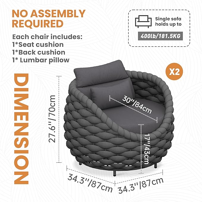 2 Pcs Patio Rope Accent Chair: Aluminum Single Lounge Armchair - Large Woven Chair Cushioned - Modern Arm Chair Assembled for 400lbs Outdoor Lanai Deck Balcony Porch Yard Garden Hotel, Dark Gray