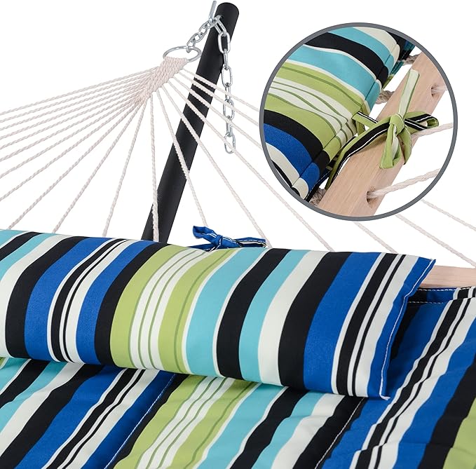 SUNCREAT Hammocks Double Cotton Rope Hammock with Polyester Pad, Heavy Duty Hammock with Steel Stand, Blue&Green