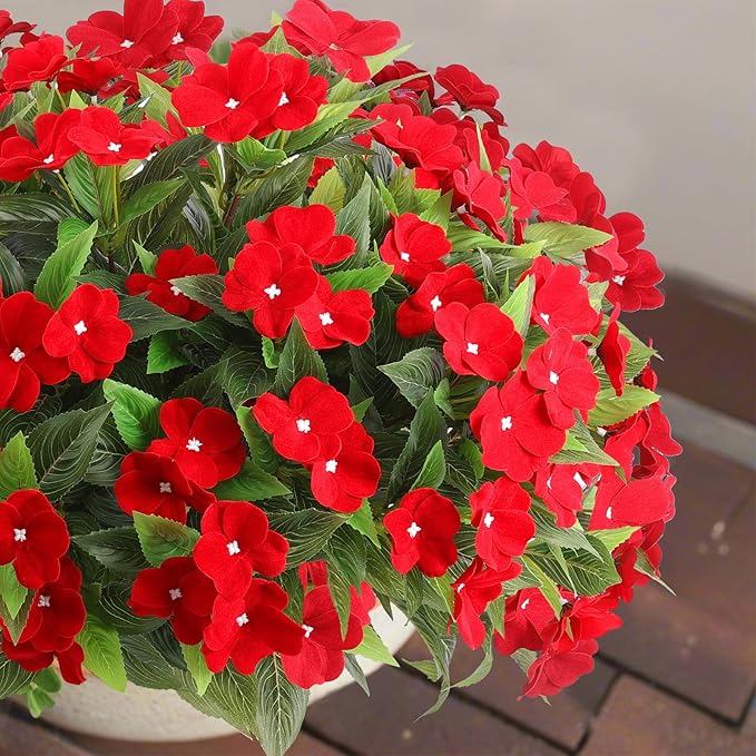 8 Bundles Artificial Impatiens Flowers for Outdoor Silk Impatiens Flowers Faux Flowers for Pot Patio Lawn Garden Hanging Basket Porch Home Decor (8, Red)